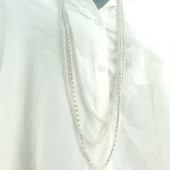 Womens Silver Tone Three Strand Foxtail Chain Fashion Jewelry Layered Necklace - Picture 4 of 12